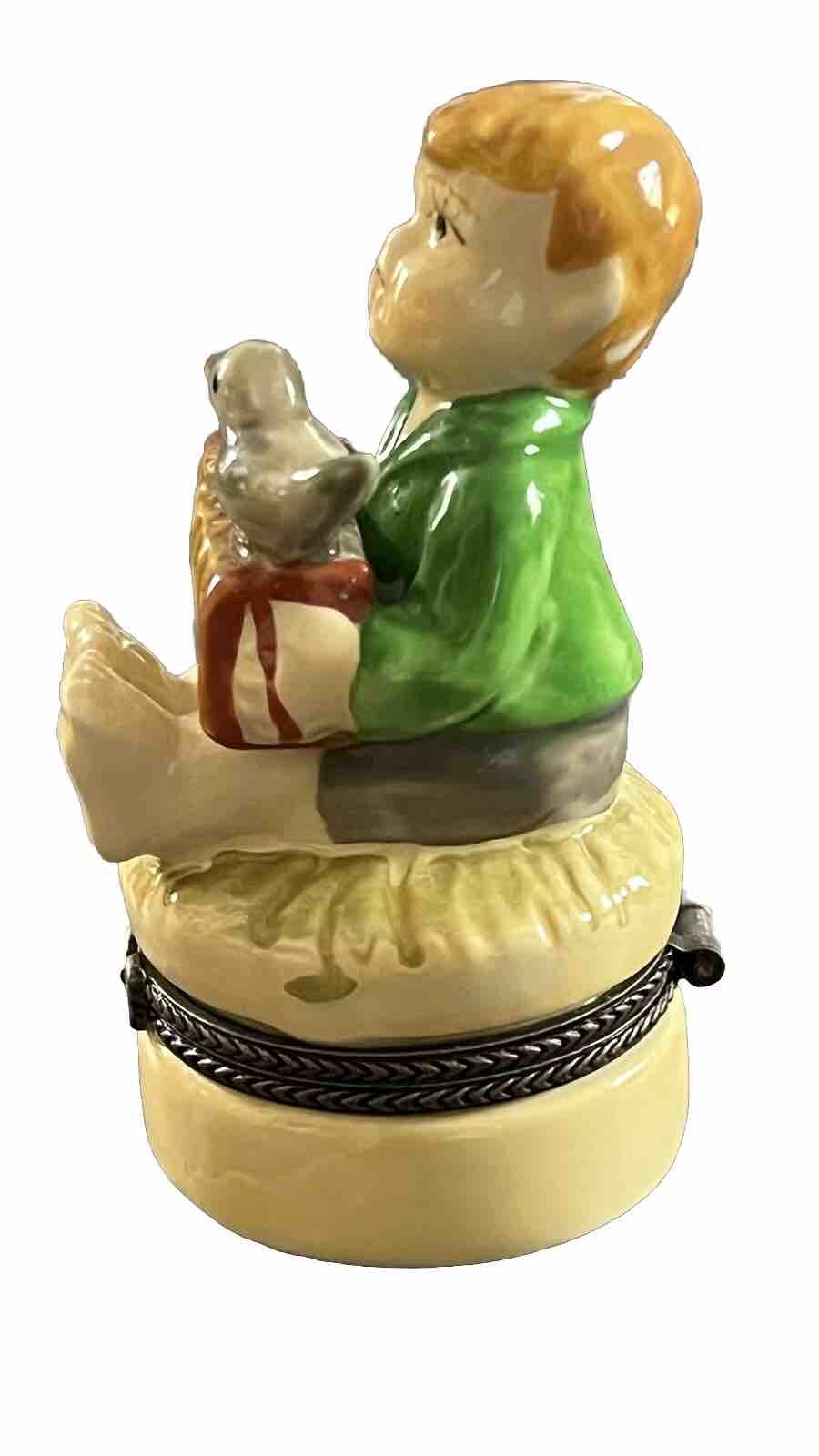 Boy Sitting Accordion Ceramic Trinket Figurine Majolica Handpainted 3×1.25 In