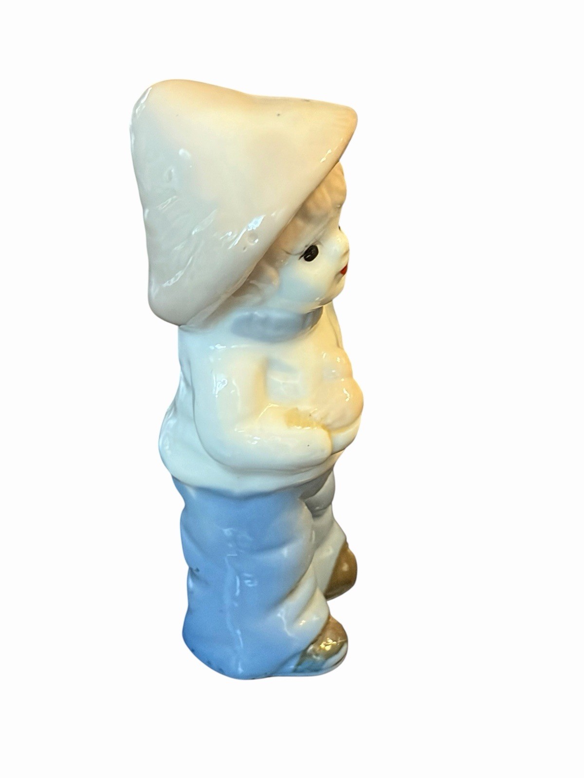 Vintage Figurine Porcelain Farm Boy Straw Hat Holding Bird Blue Pants Scarf