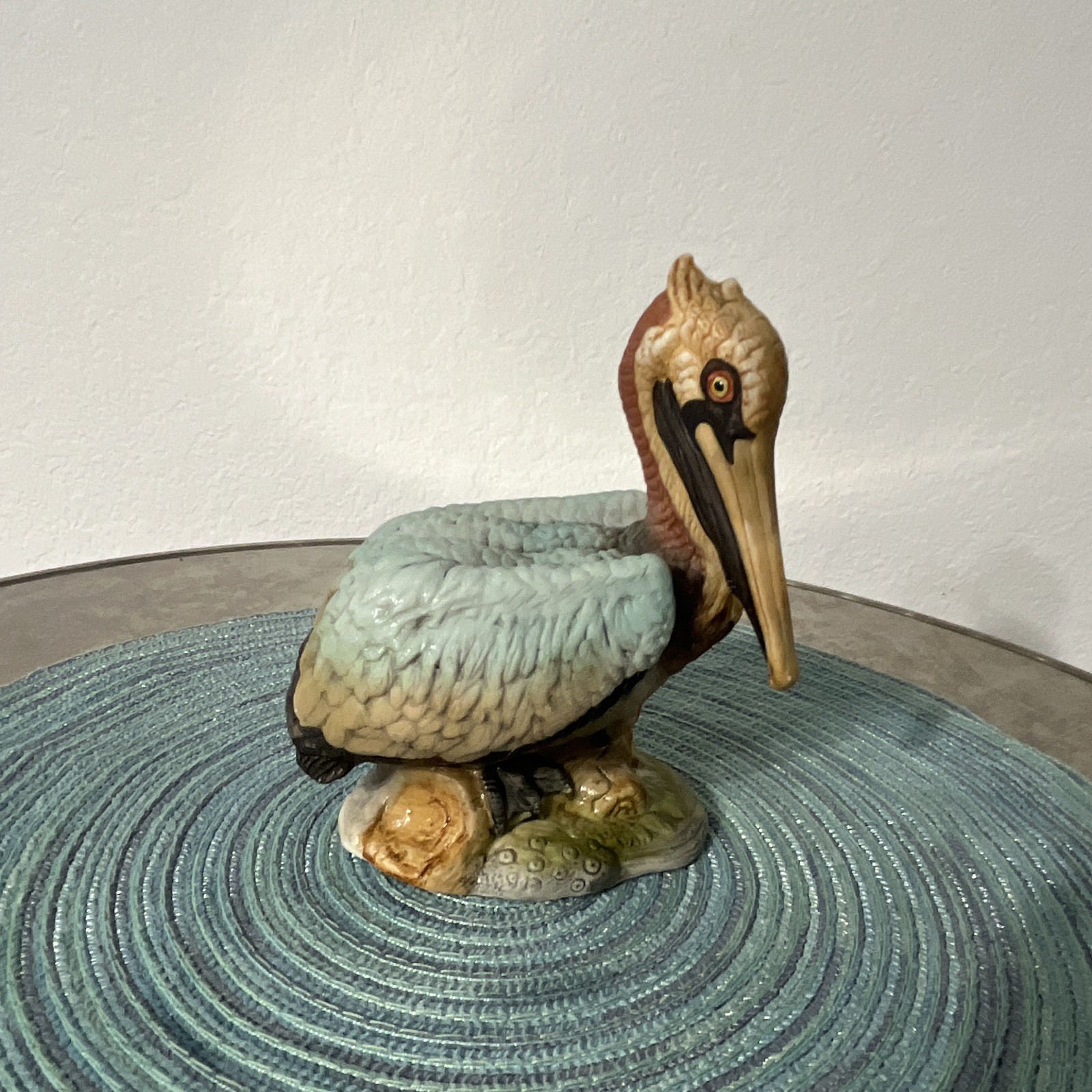 Ceramic Painted Pelican Figurine Blue Brown Beige Black Bird Animal Decor