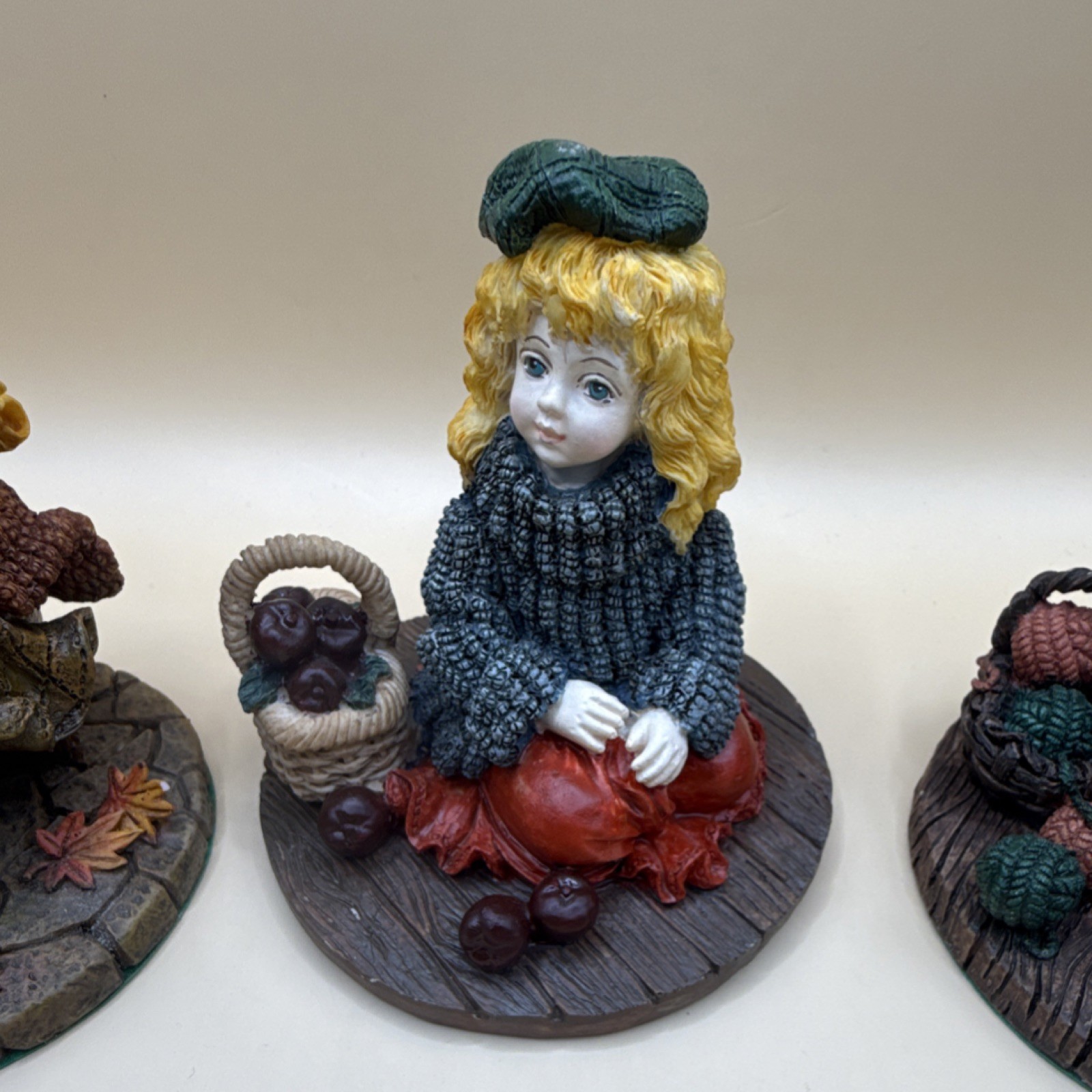 Girl Resin Figurine Set of 3 Painted Carvings Traditional Collectible 1996