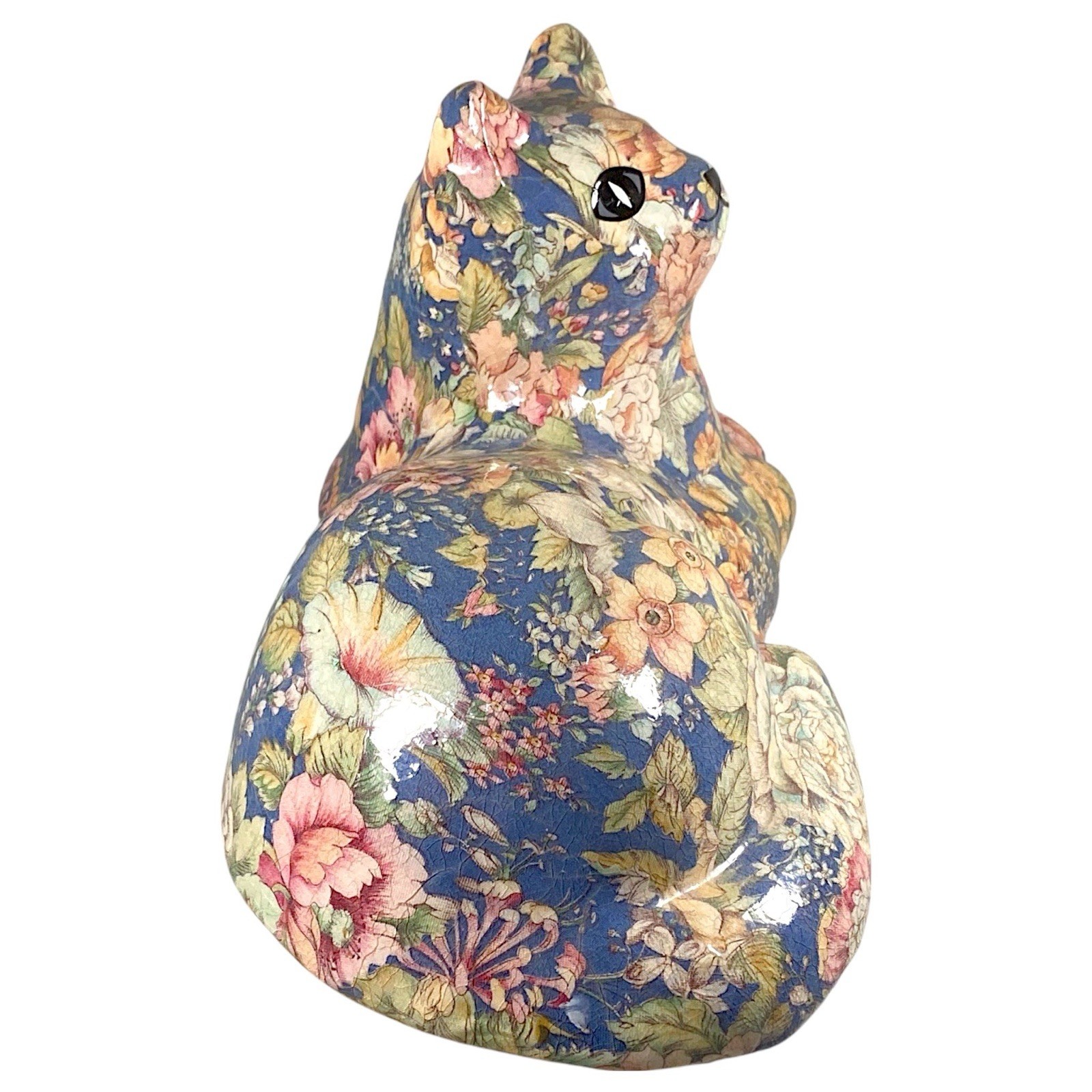 Vintage Papier Mache Cat Figurine Floral Decoupage Cottagecore Victorian Decor