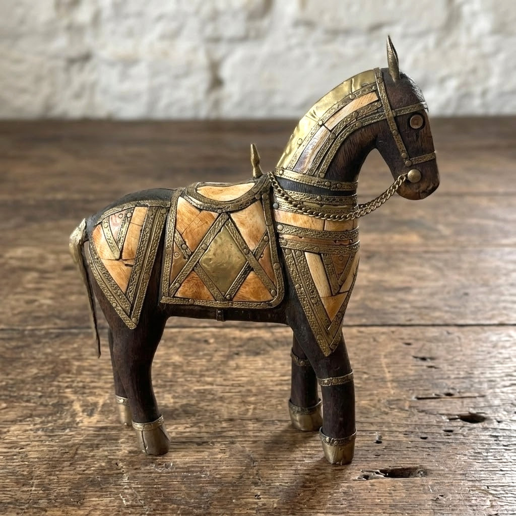 Vtg Charles Marcak Hammered Copper Brass Bone Inlay Wood Sculpture Armored Horse