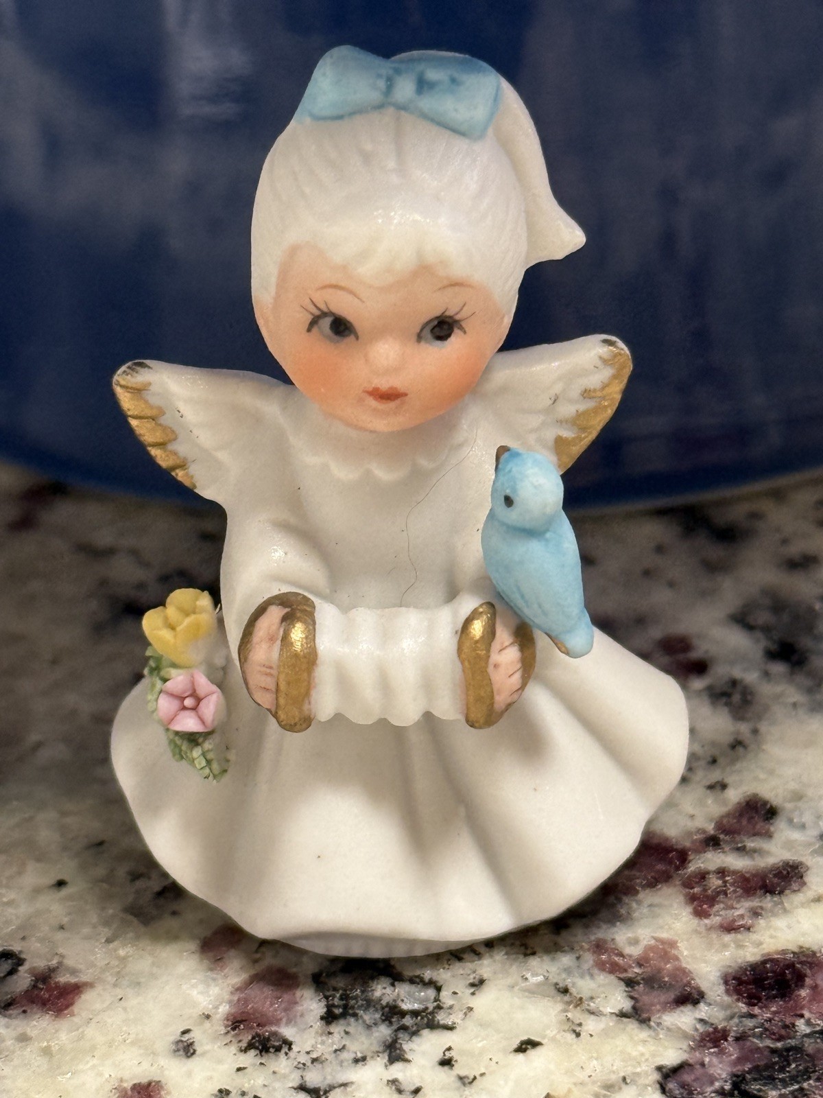 Vintage Angel Figurine Napcoware Bisque Girl Mini Napco Blue Bird Ribbon Flowers