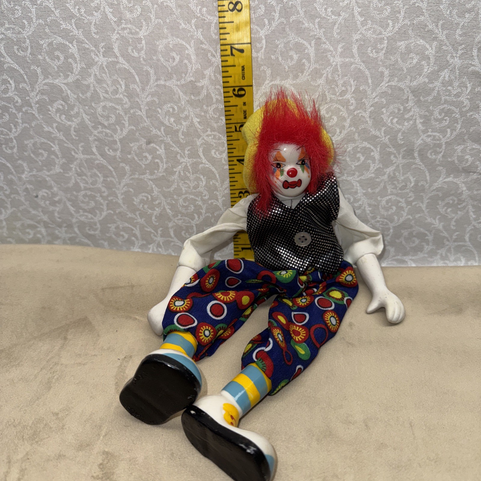 Vintage Ganz Clown, Posable, Porcelain hands/feet, 13 inches,