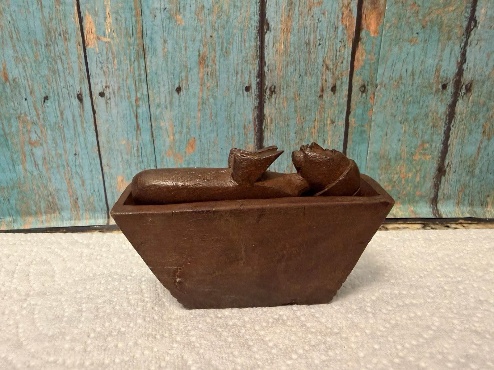 Vintage Small Hand carved Coffin Wood Sculpture With Wooden Carved Figure Man