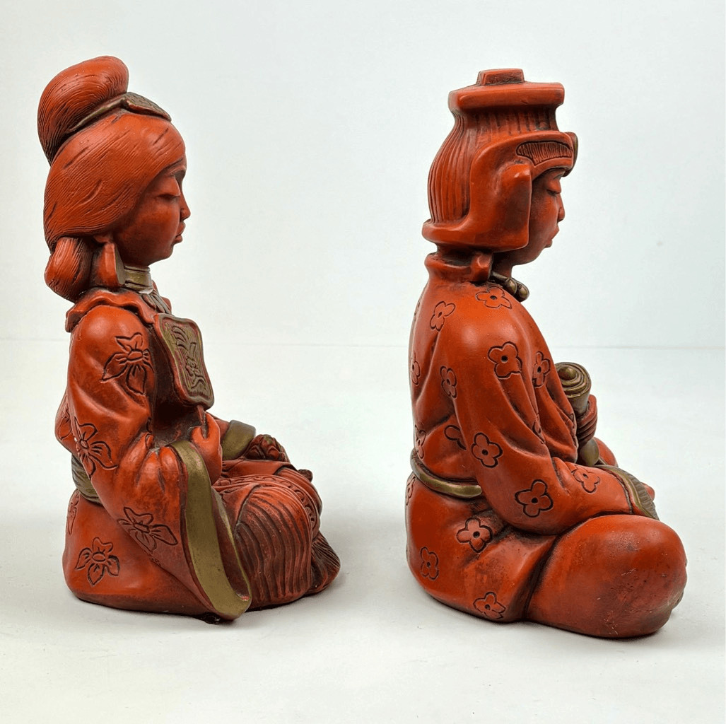 Vintage 1958 Universal Statuary Siam Woman & Man Sitting Statues Orange Gold 10”