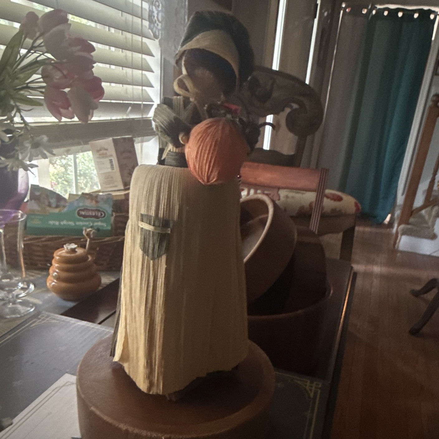 Handmade Corn Husk Woman Figurine Holding Pumpkin, Brown/Beige/Orange