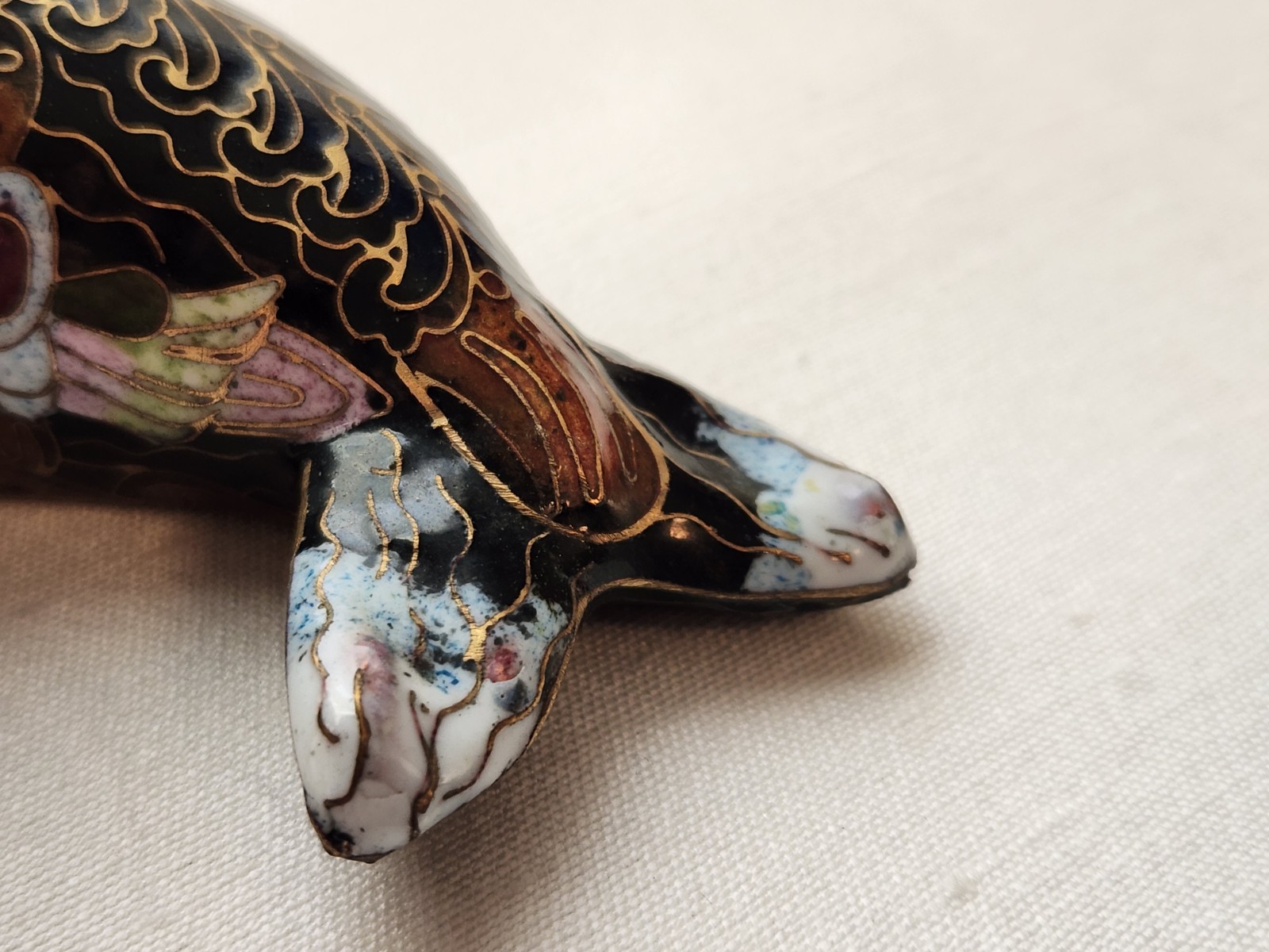 Cloisonne Seal Sea Lion Wood Pedastal Stand Excellent Condition Black Brown Gold