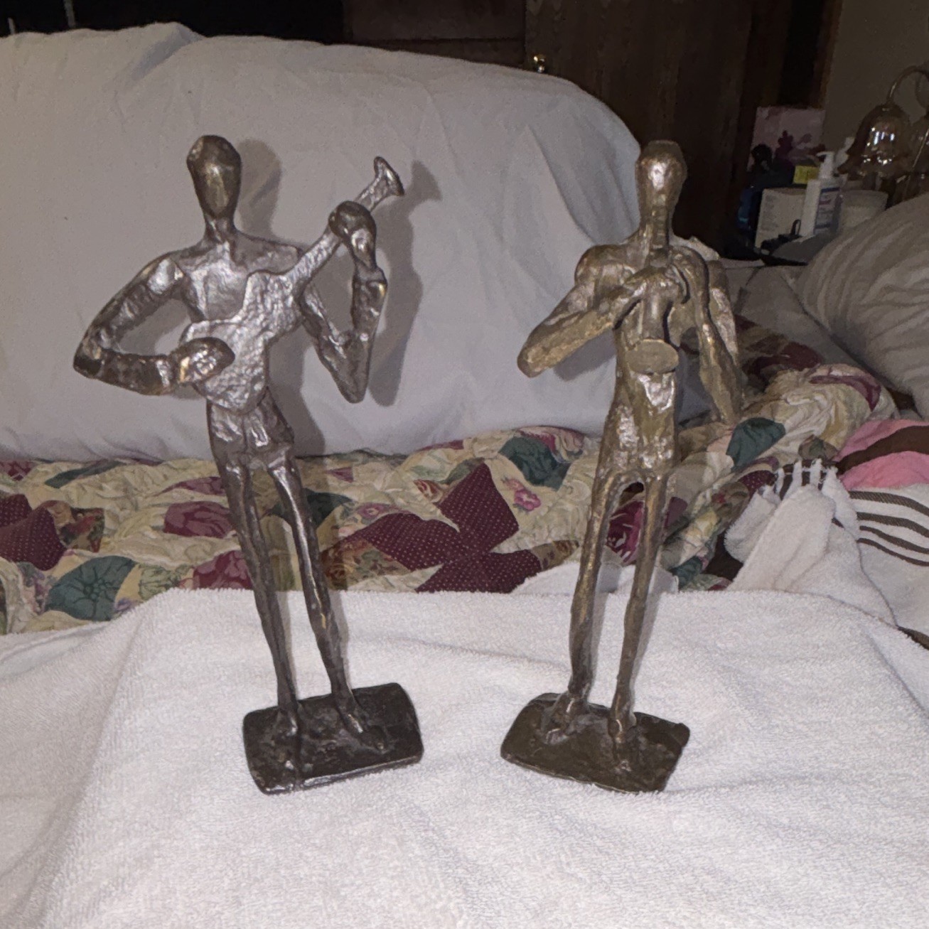 Metal Musician Figurines Set of 2 Guitar & Horn Players Bronze/Black 3D
