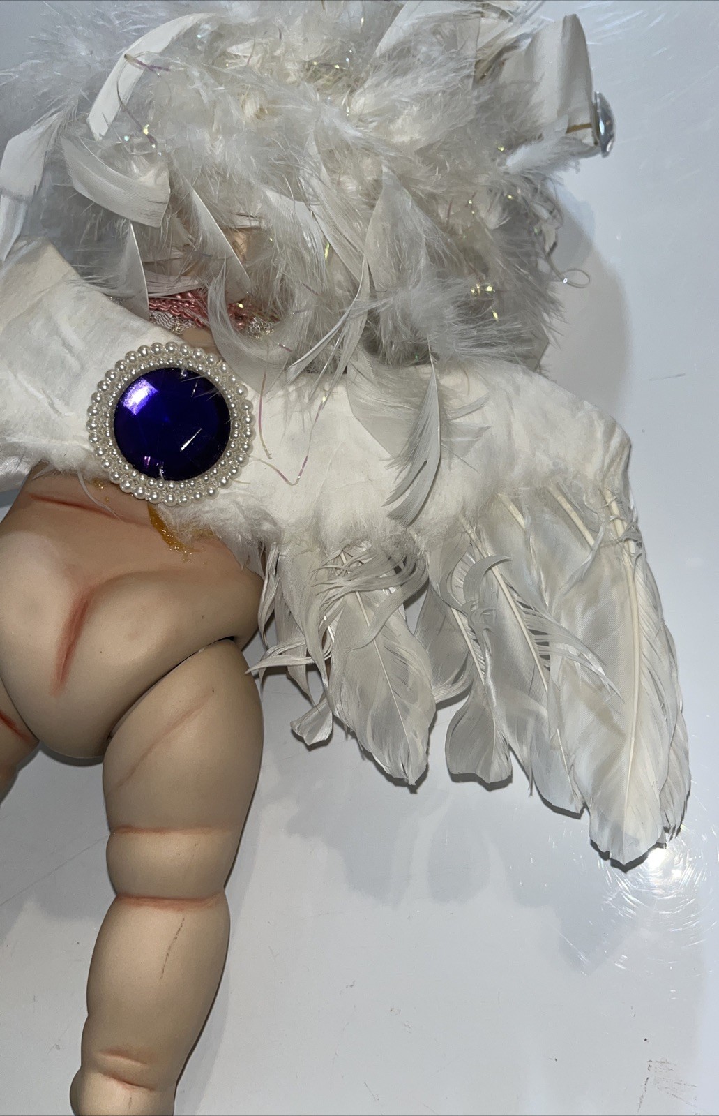 Vntg Fantasy Fairy / Cherub Style Art Doll w/ Feather Wings & Floral Headdress