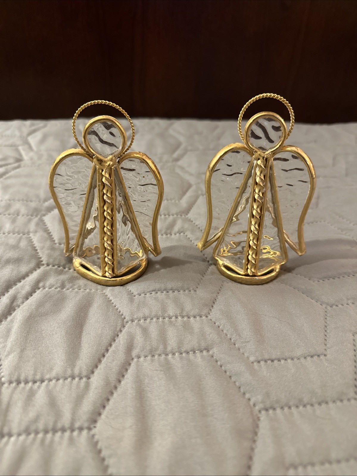 2 Free Standing Gold Stained Glass Angel Figurine Halo Holiday Christmas