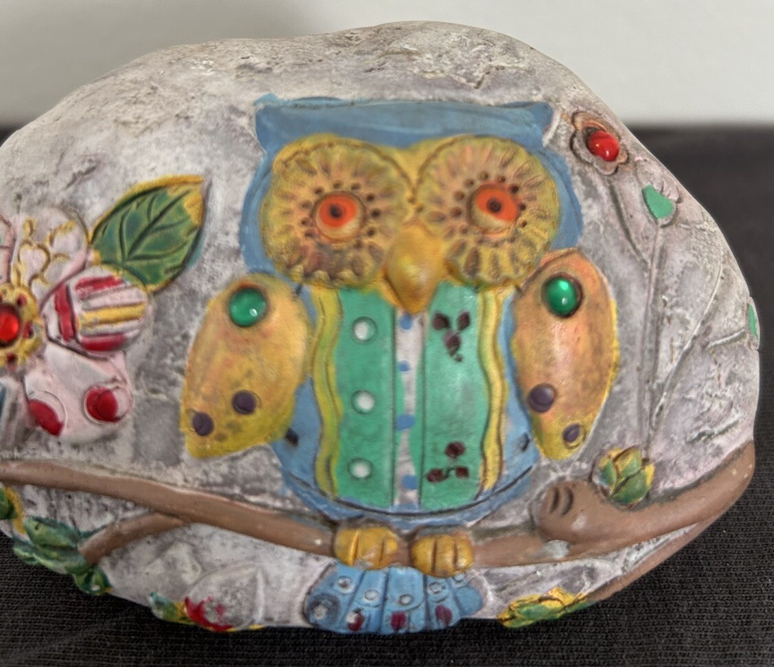 Owl On Tree Limb faux stone Boho Style Colorful Painted MayRich Company