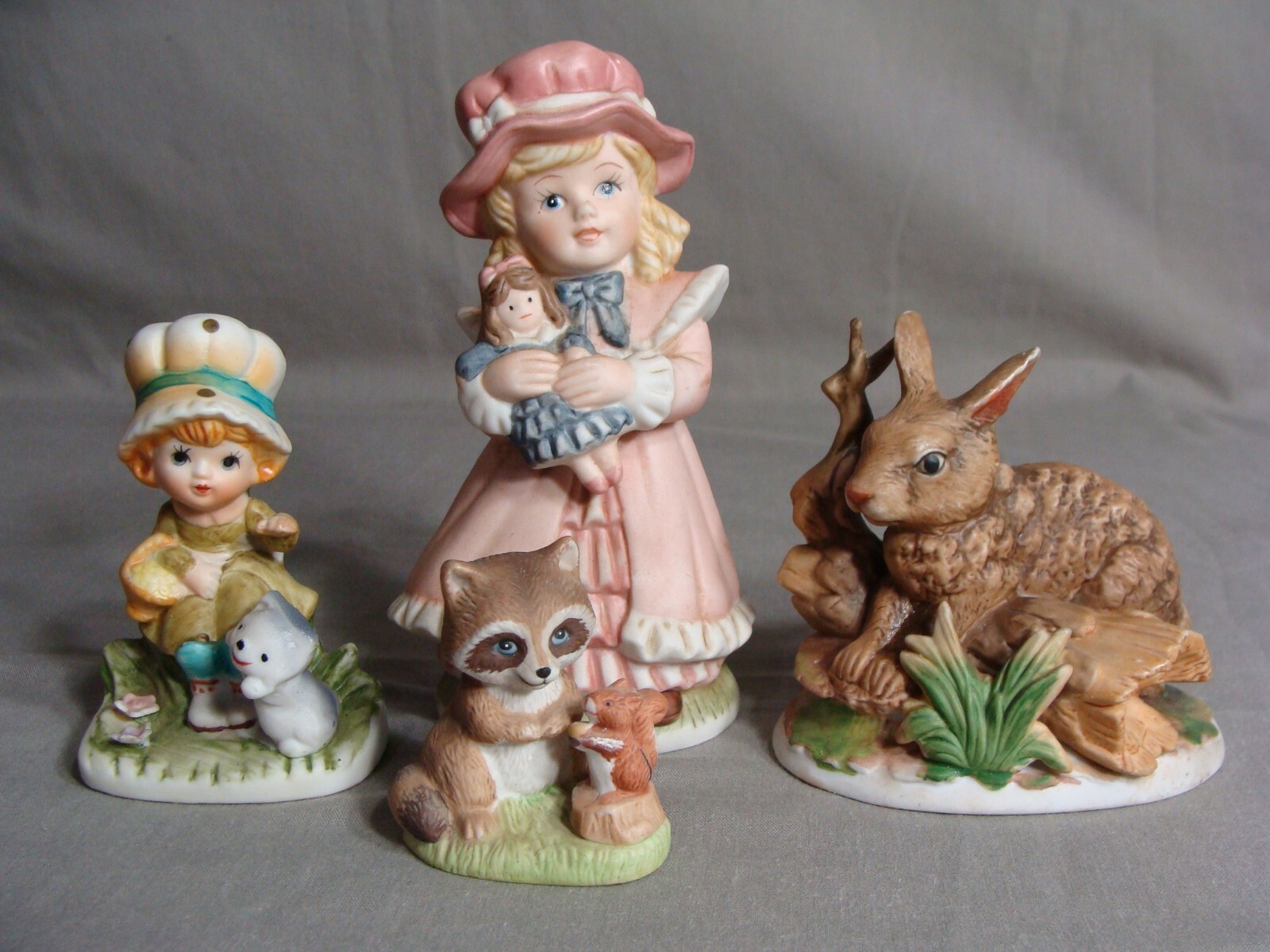 Homco Rabbit #1411, Raccoon/Squirrel #1418, Girl W/Cat #1430-C,Girl W/Doll#1419