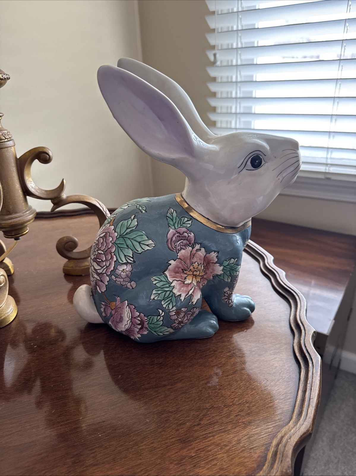 Large Porcelain Hand Painted Rabbit ,Teal Lavender Orange Metallic Gold 12 Inch