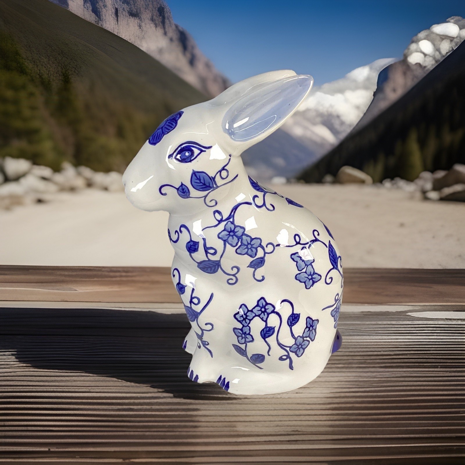 One Chinoiserie Style Blue And White Porcelain Floral Bunny /Rabbit