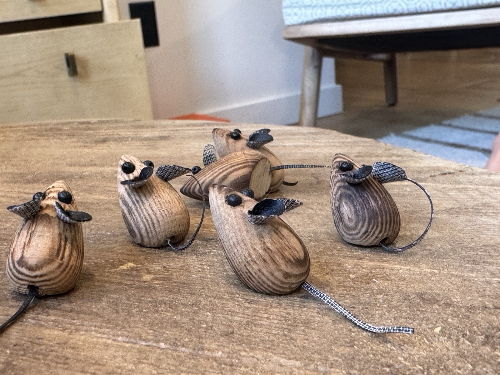 Vintage Handmade Wood Leather Miniature Mice Set Lot 6 Mini Animal Figure