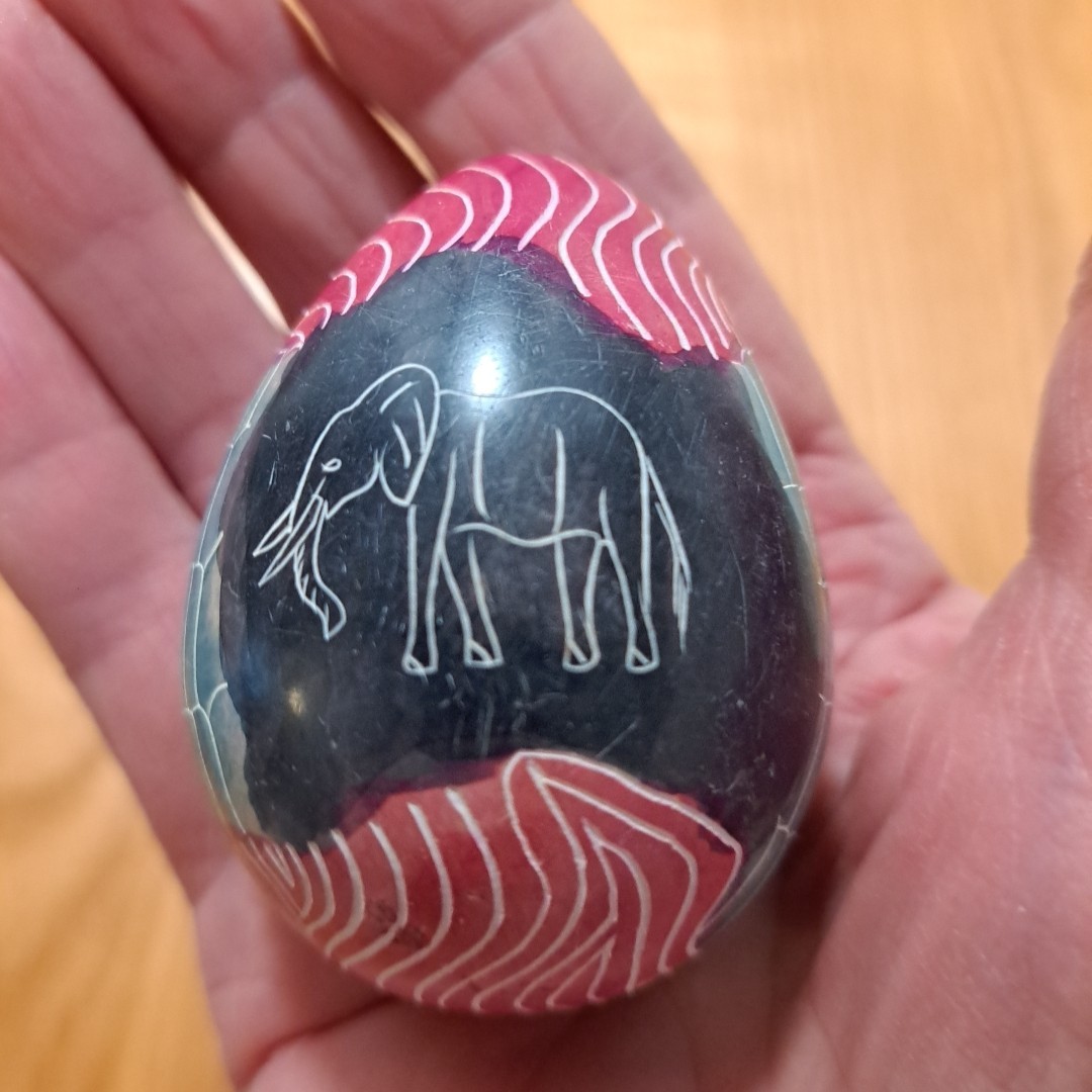 Sandstone Egg Hand Carved & Ornate Hand Painted Multicolor Elephant Kenya 2.5″