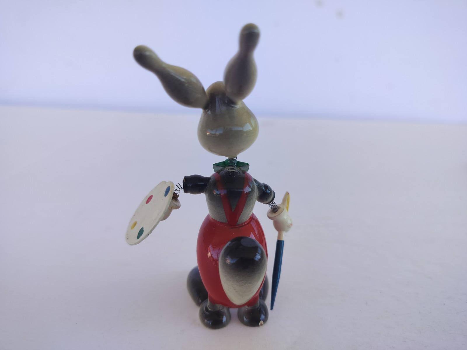 Vintage Goula Spain Wood Bobblehead Rabbit Bunny Painter Figurine