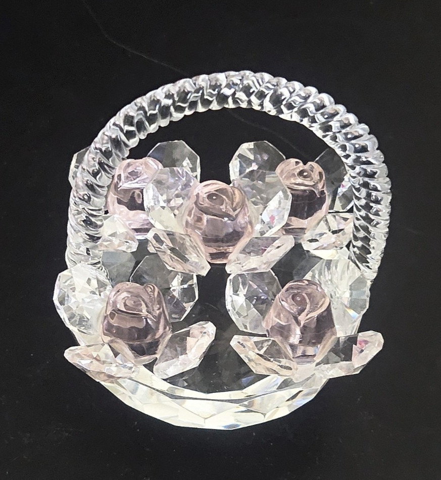 Crystal Clear Faceted Basket Spun Glass Braided Handle And 5 Pink Roses Figurine
