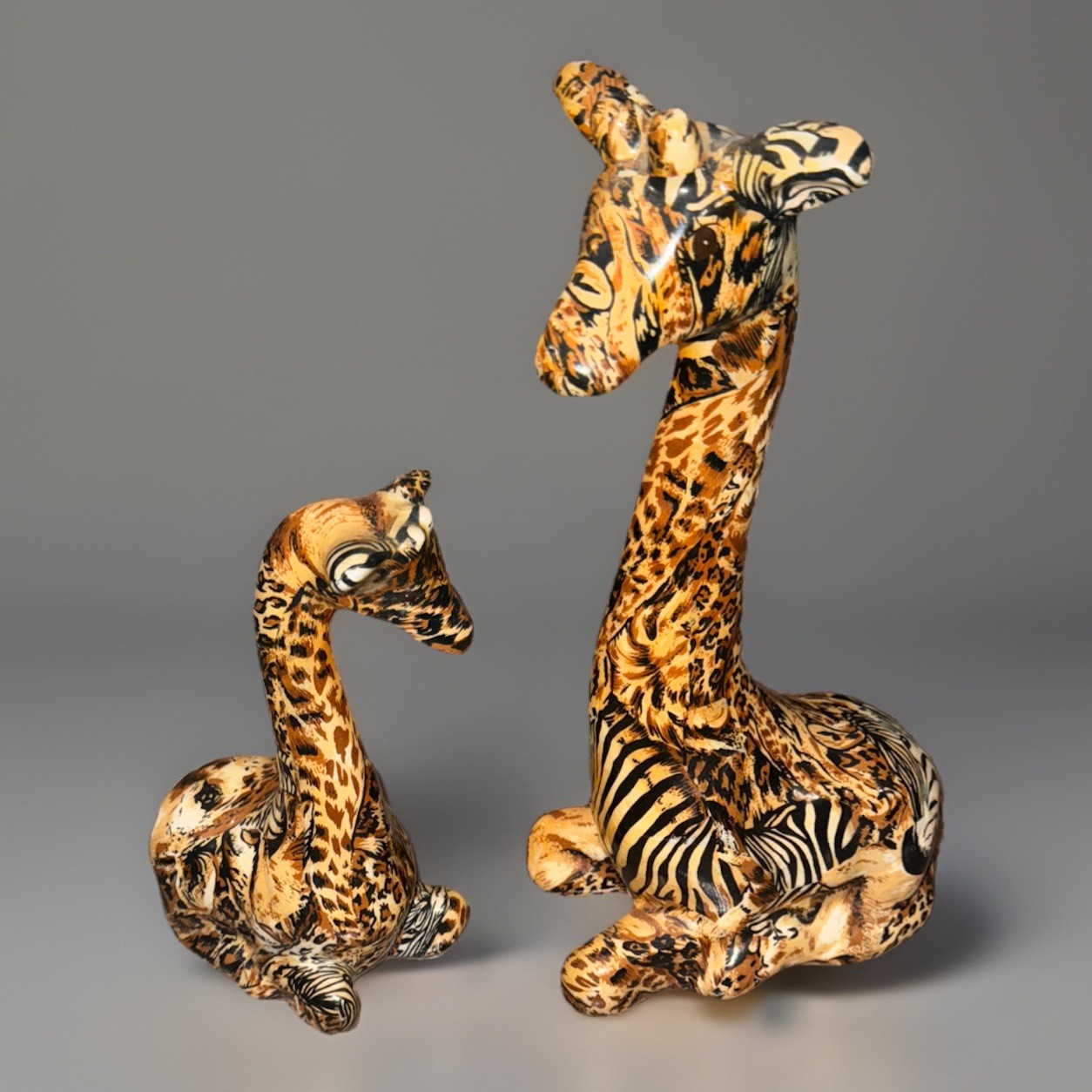 Vintage La Vie Giraffe Patchwork Animal Print Ceramic Figurines 11” & 7” Set