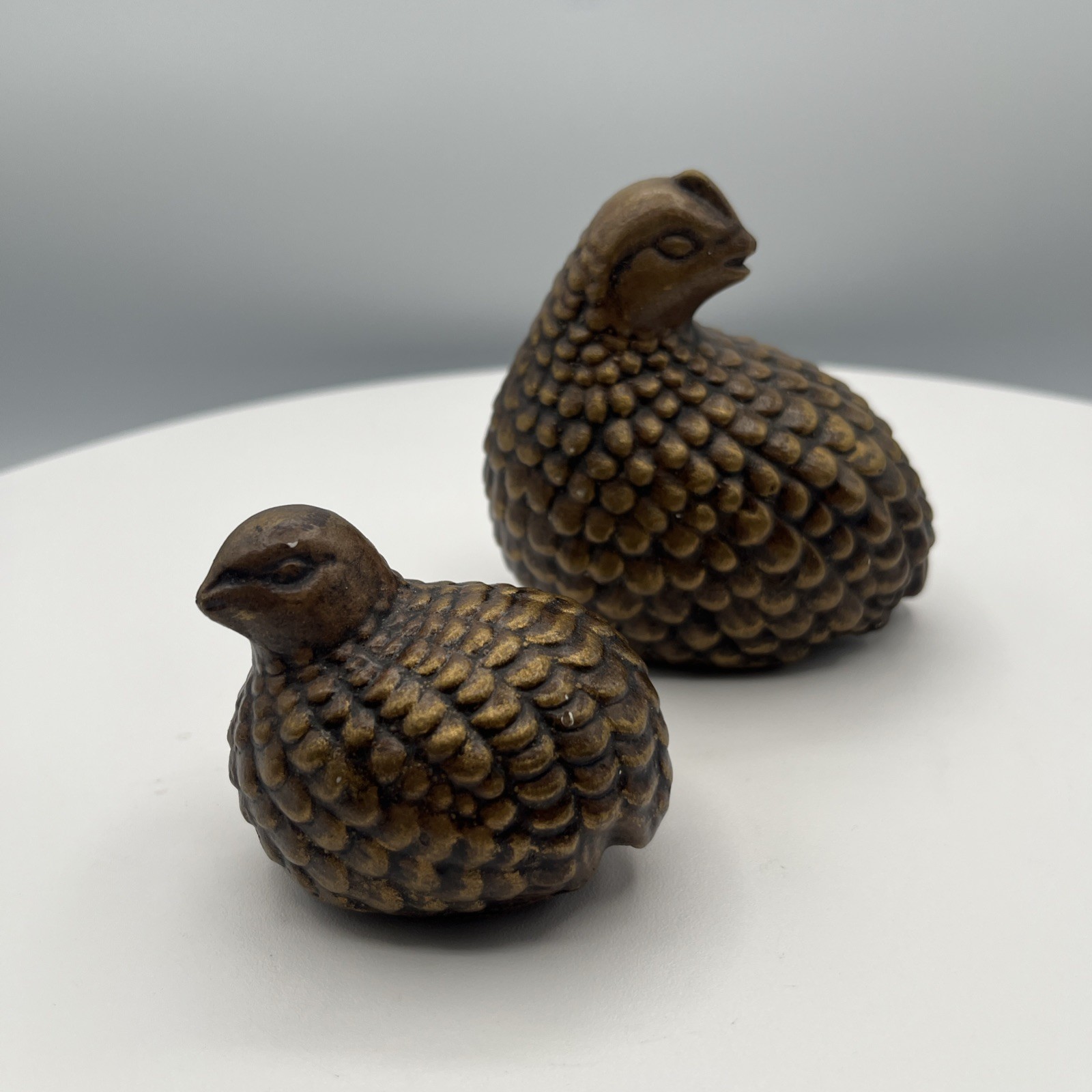 Pair of 2 Vintage 1960s Chalkware Plaster Quails Bronze Brass Color 3″