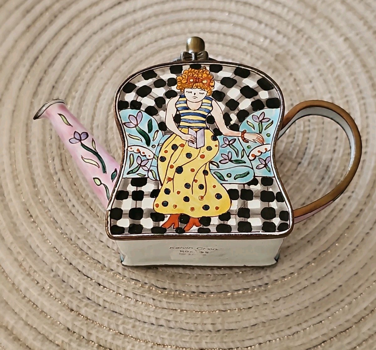 collectible vintage Kelvin Chen Teapot Chinese, miniature woman Cloisonne Enamel