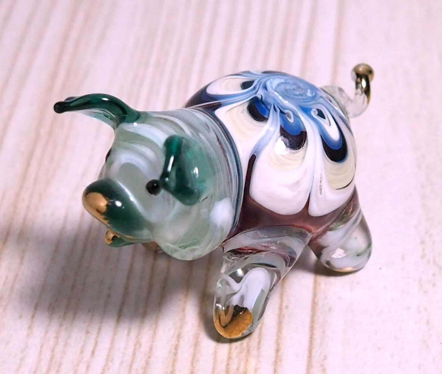 blue green cute PIG figurine hand blown Art Glass gold trim 1.75 in GIFT decor