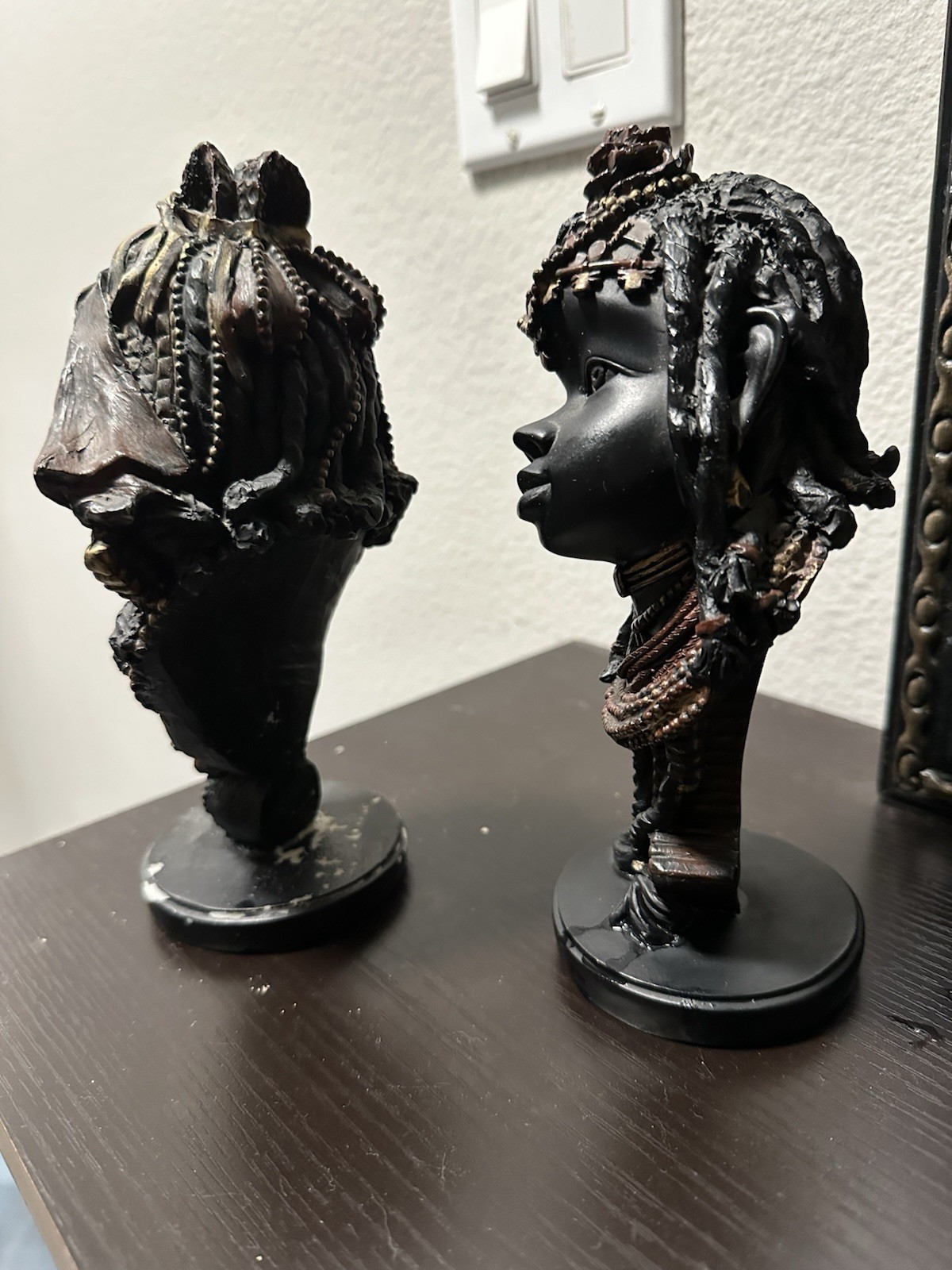 Black Resin Women Bust Figurines Set of 2 on Pedestals, Beaded Headdresses