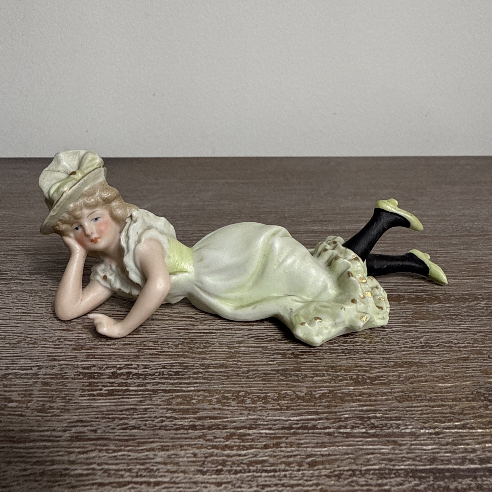 Antique German Black Stockings Bathing Beauty Bonnet Bisque Porcelain Figurine