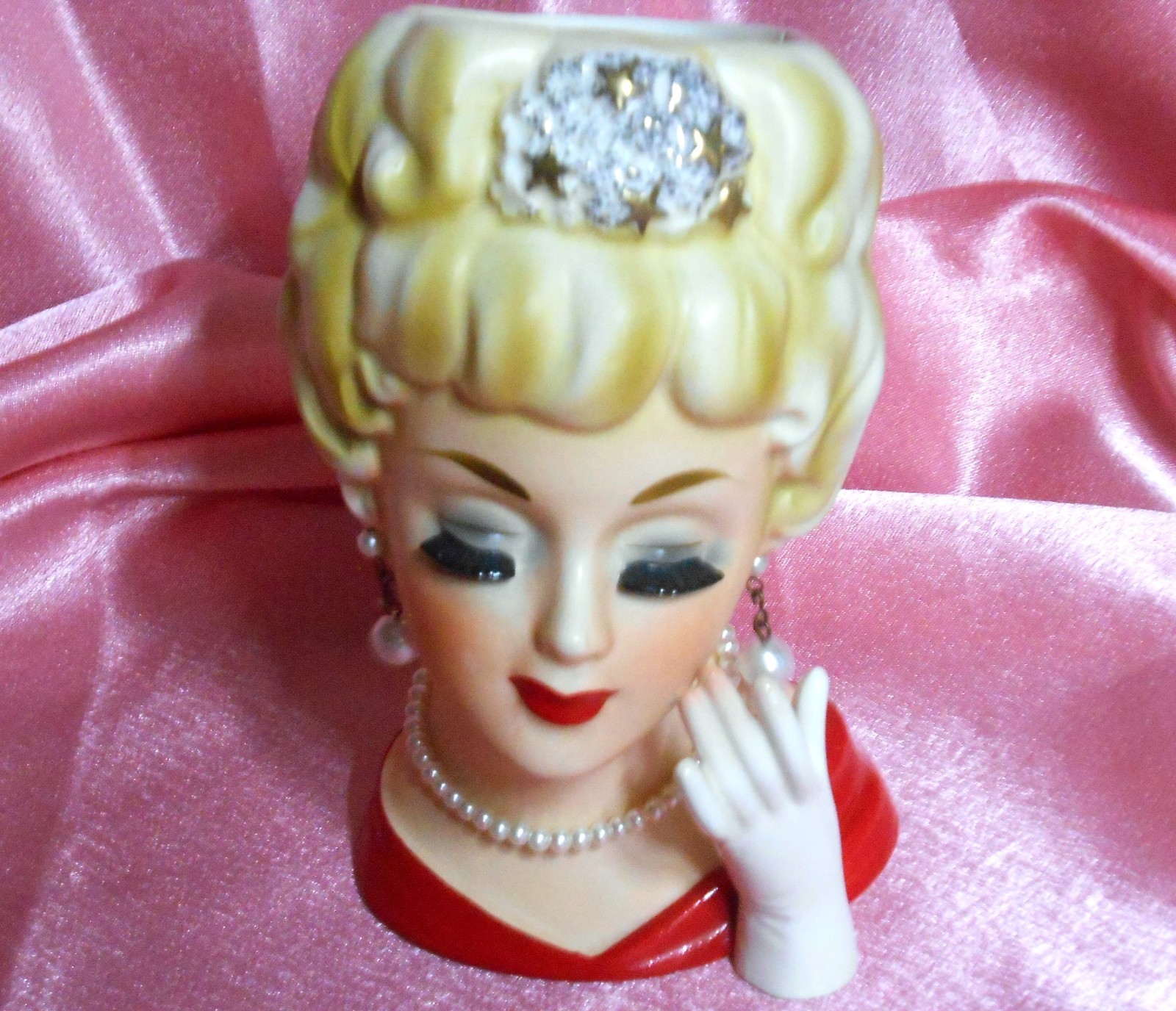 GOLD STARS TIARRA JAPAN WREATH XL 6″ BLONDE GLOVE HEADVASE VTG HEAD VASE XMAS
