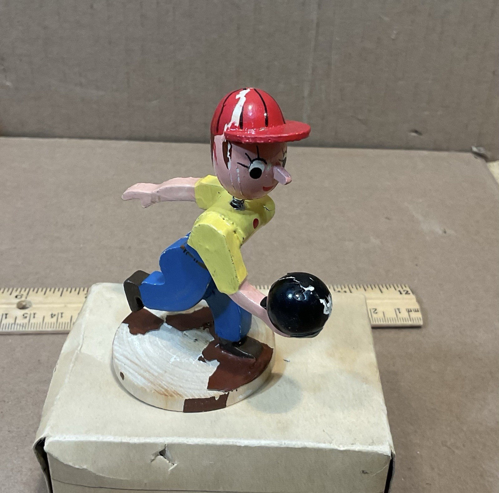 Vintage Hand Carved Wooden Sports Bobble Head Figure Bowling Ball And Pins Japan