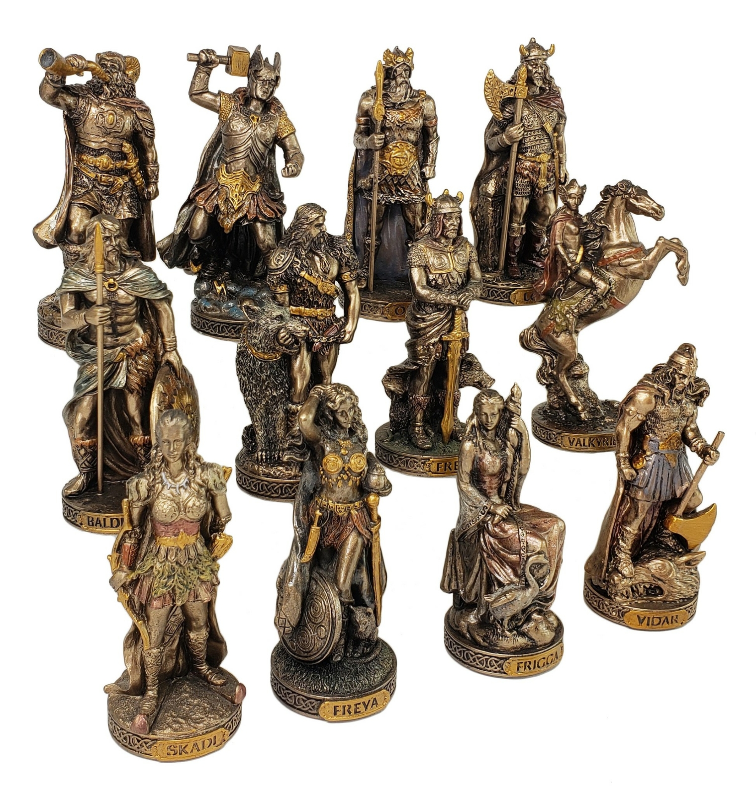 12 Pc 3.5″ Norse Gods Mythology Figurine Set Odin Thor Loki Freya Bronze Color