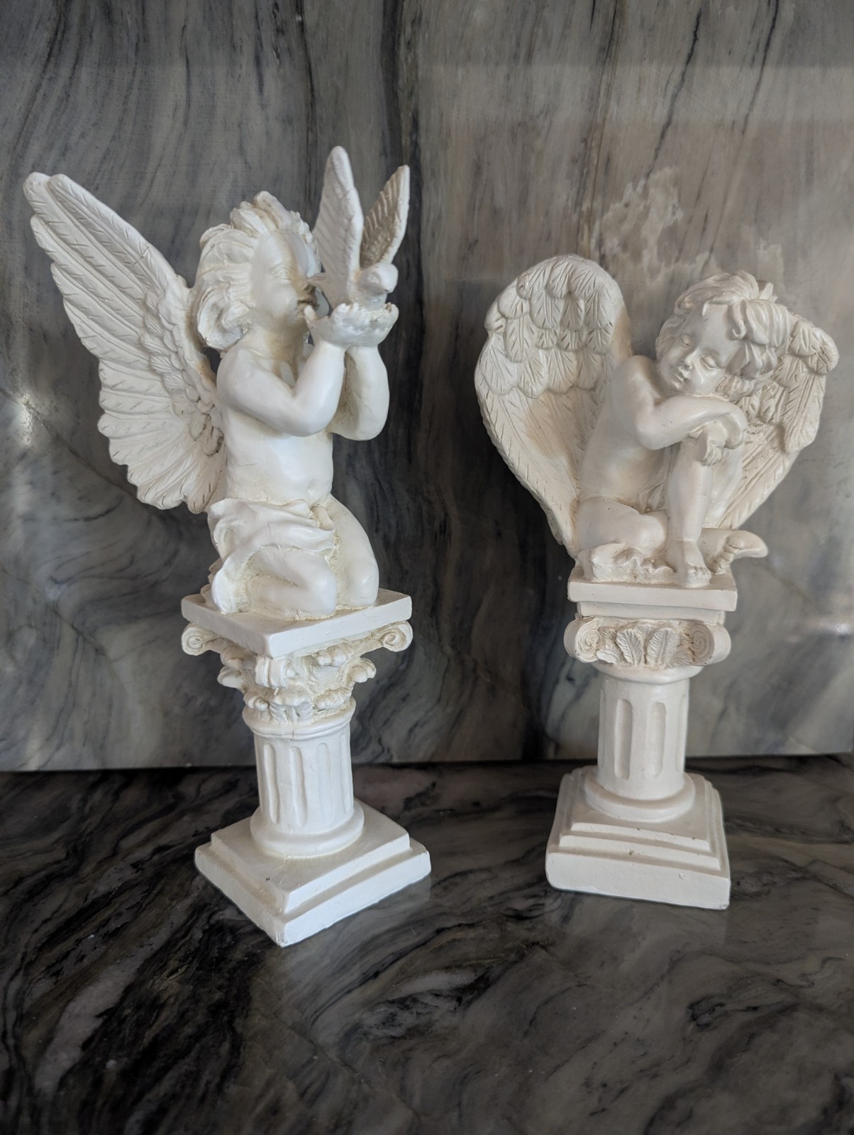 Cherub Angel Statue Pair Corinthian Column Pedestals Dove Wings 8″ 9″ Decor
