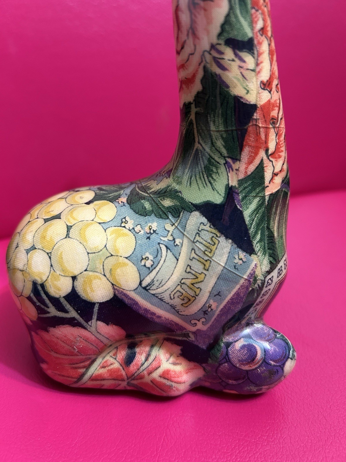Vtg Patchwork Giraffes Mother & Baby Statue, Fruits & Floral Print, Cottagecore