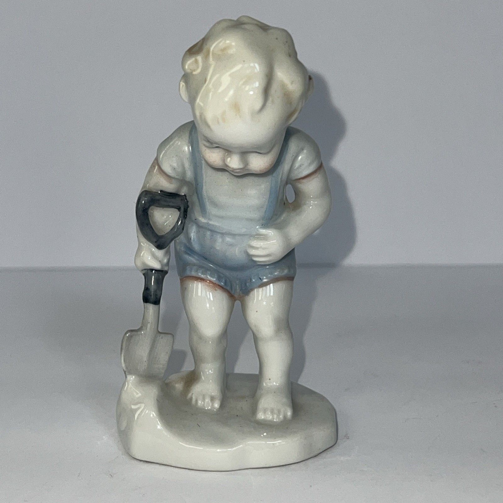 Vintage Porcelain Little Boy With Shovel Overalls Knickknack Made In Japan