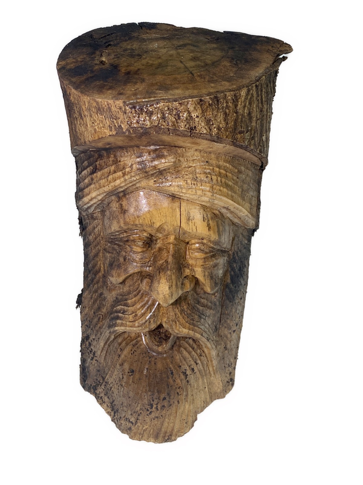 12.5” Face Man Carved Wood Tree Stump Weathered Primitive Greenman Odin