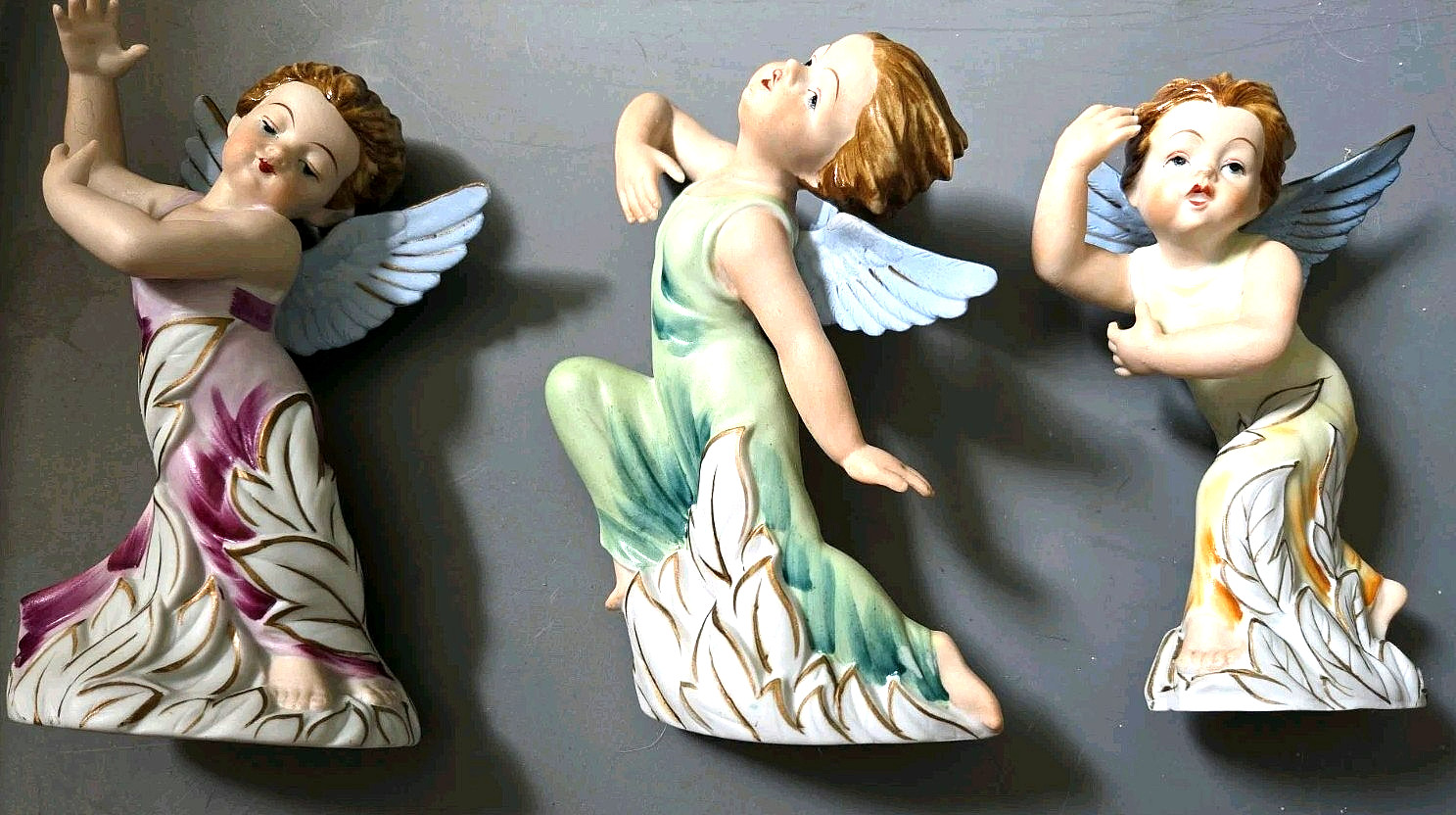 Vintage Set of Three Ceramic Angels Made In Japan Purple, Green, Yellow
