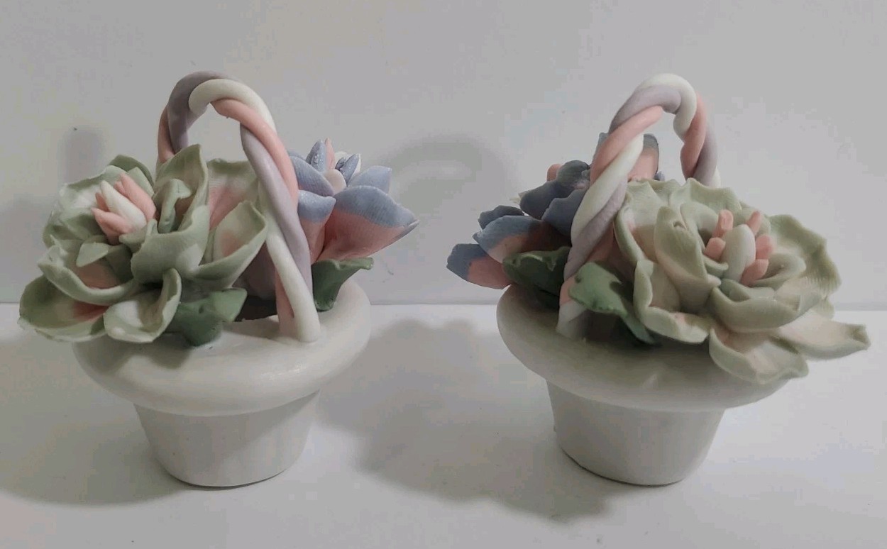 Vintage 1980 Bisque Porcelain Hand Painted 3D Floral Bouquet in Basket Set of 2