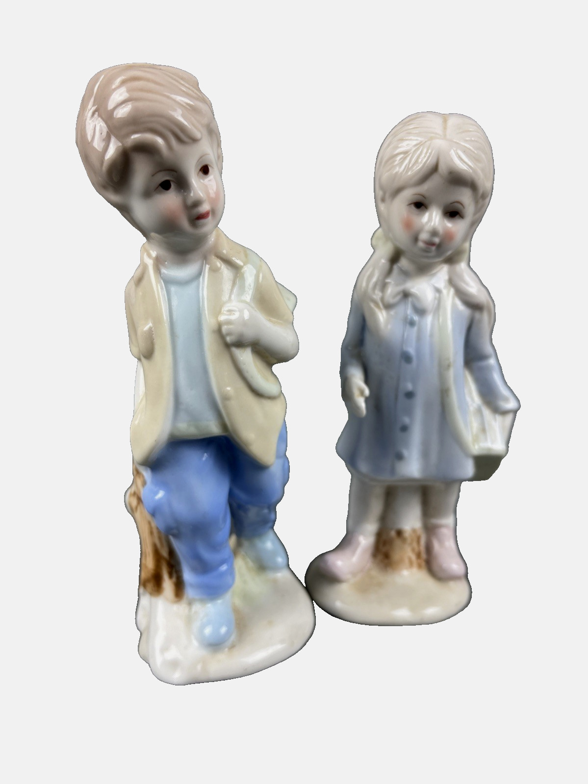Vintage Porcelain Figurine Boy W/Backpack & Girl W/Book Pastel Back to School