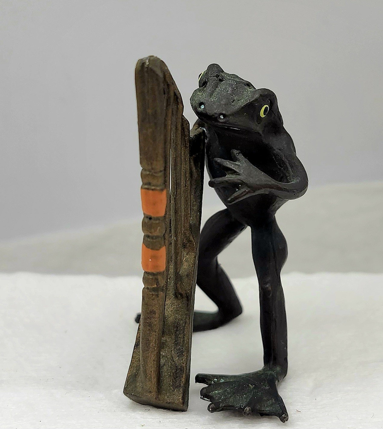 Antique Miniature Cold Painted Bronze Minstrel Frog Playing Harp