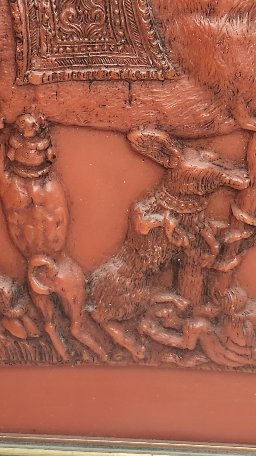 Vintage German Red Wax Relief Carving Royal Stag Hunting Wall Hanging 1960’s