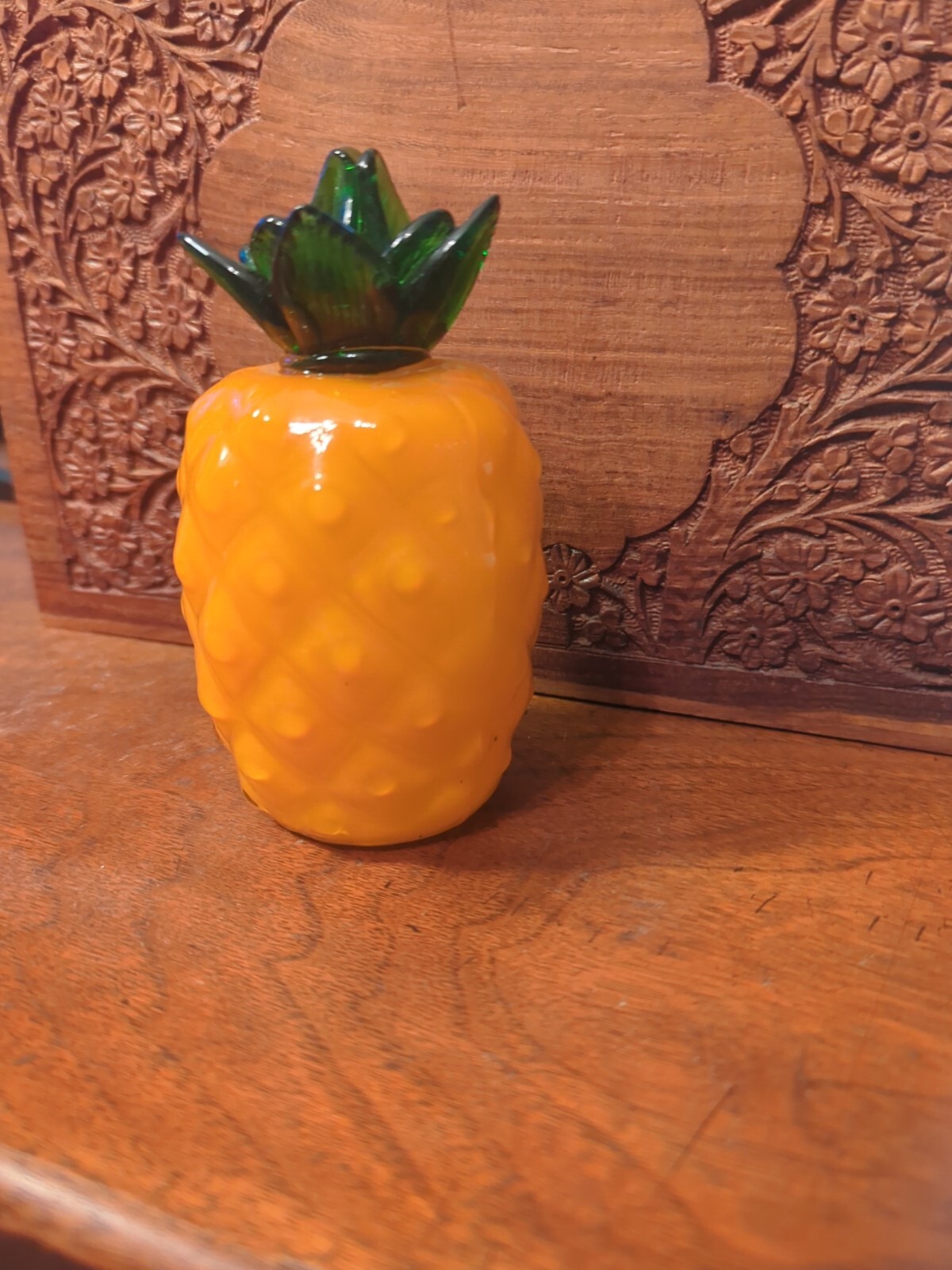 Vintage Orange Glass Pineapple Figurine Handmade 5″ Mold Blown