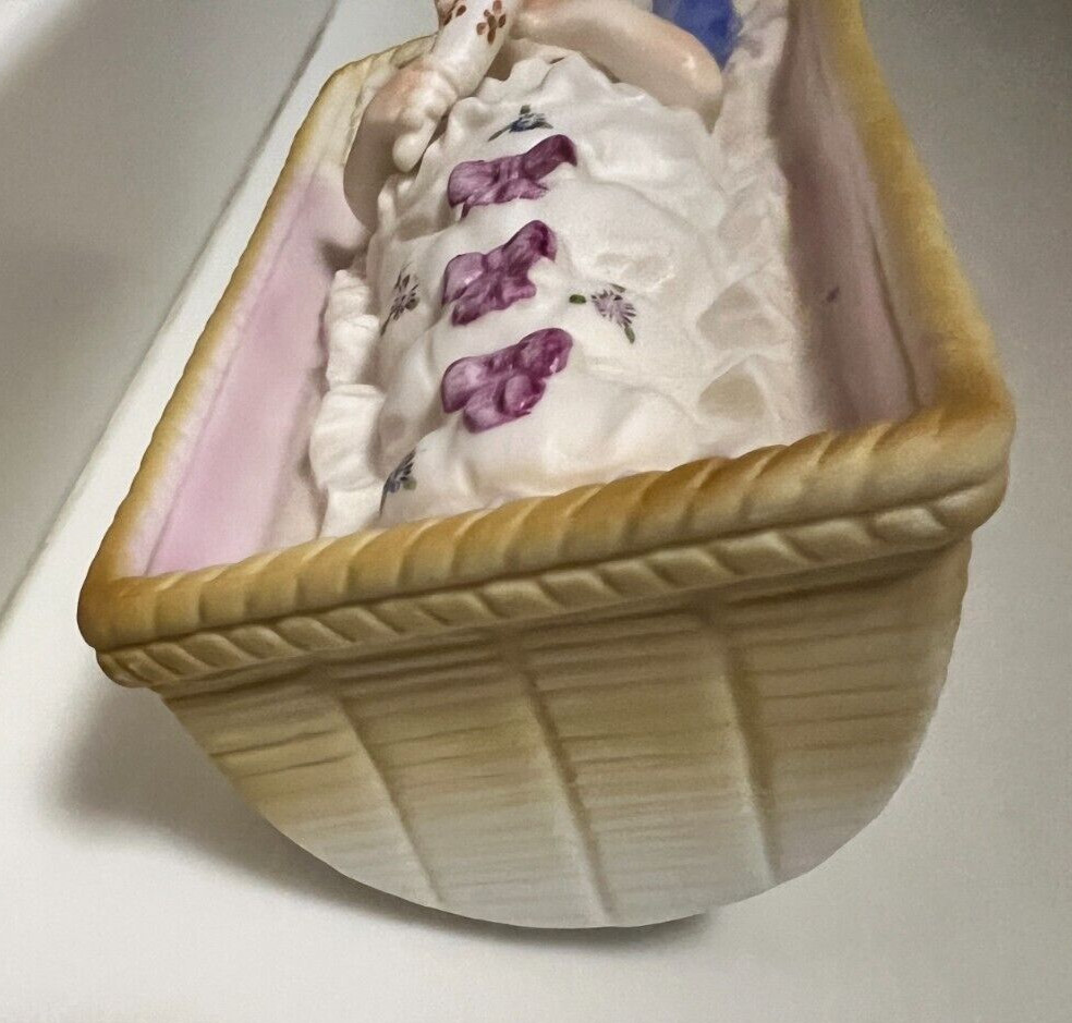 Antique Piano Baby Bisque Porcelain Heubach Girl In Rocking Cradle 6.25”