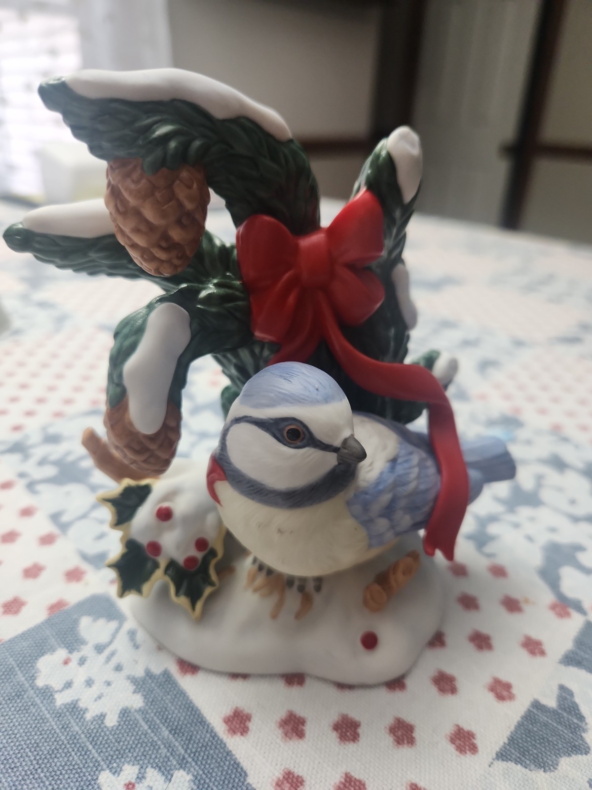 Lenox Christmas Blue Titmouse Bird Figurine 2010 w/ Holly Berries -No Box