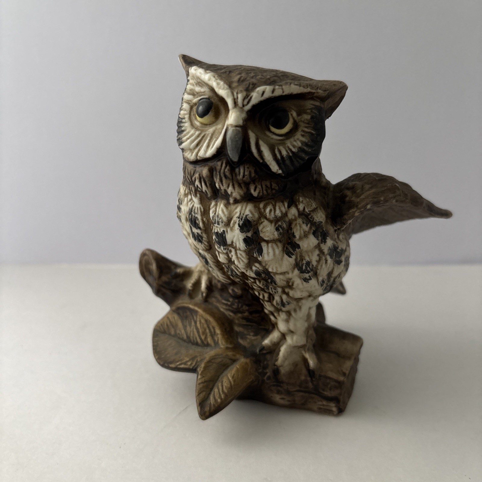 HOMCO 1114 Owl Figurine Brown Perched on Log Small Woodland Rustic 5in