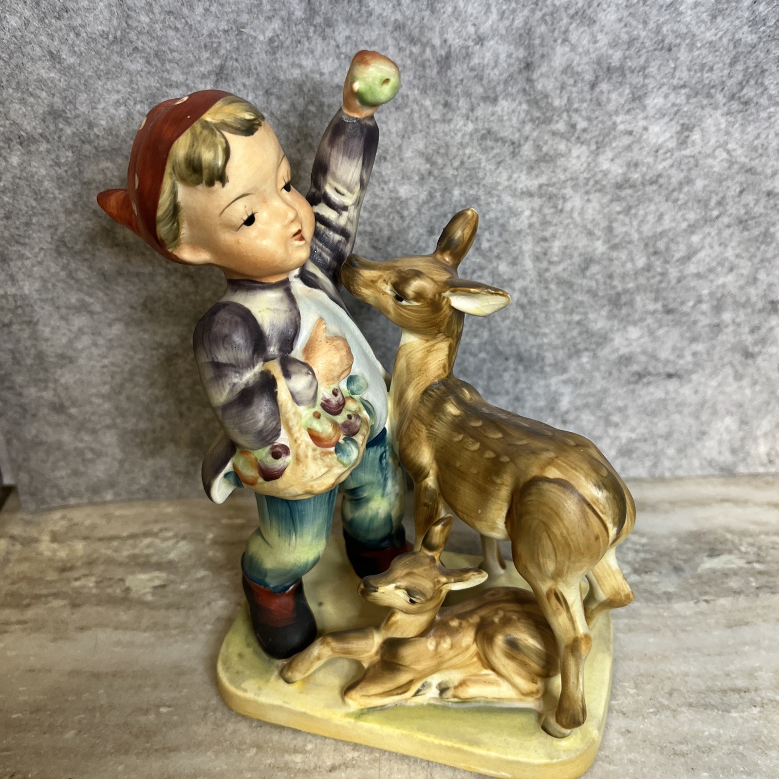 Vintage Porcelain Figurine Young Boy Feeding Deer Friends Apples Red Hat