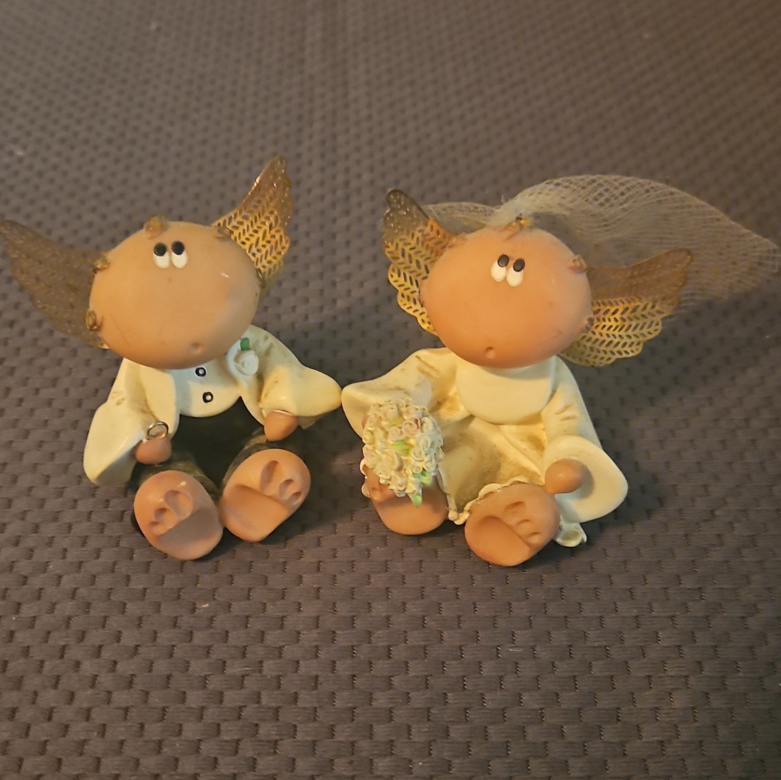 Wedding Angel Bride & Groom Figurines Set of 2 Painted Resin Metal Fabric 2001
