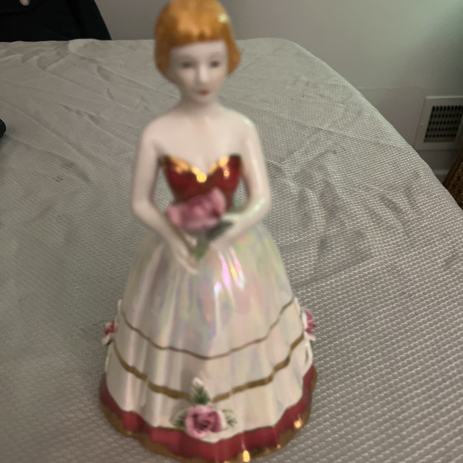 Vintage Porcelain Lady Figurine Opalescent Red, White Dress Roses