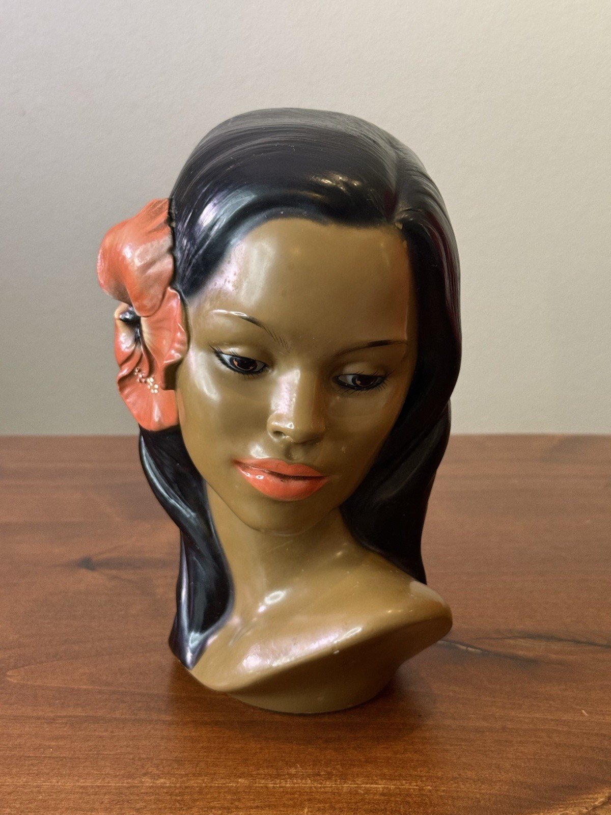 Rare VTG 1960s Marwal Chalkware Hawaiian Woman Bust Tiki Hibiscus MCM Hula Girl