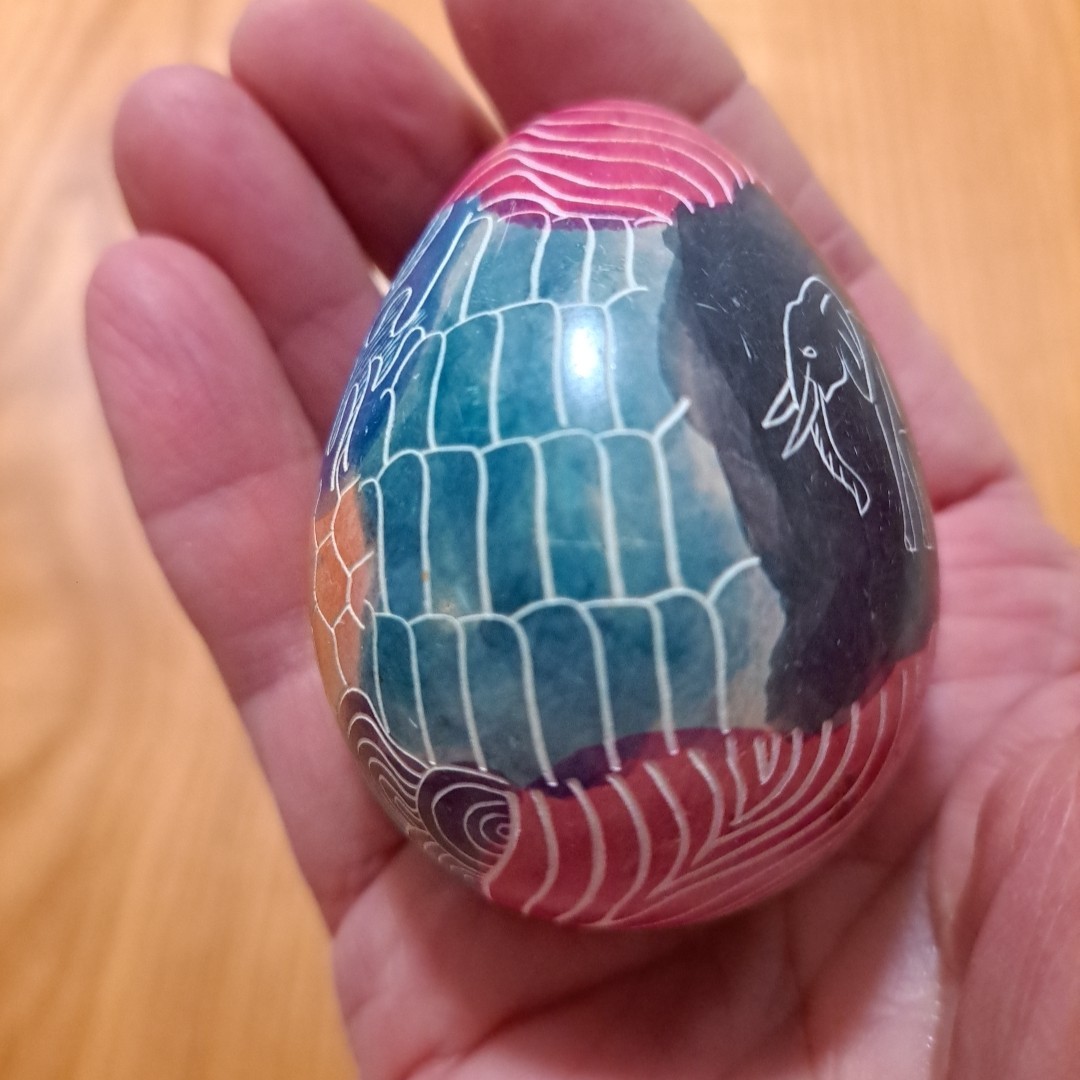 Sandstone Egg Hand Carved & Ornate Hand Painted Multicolor Elephant Kenya 2.5″